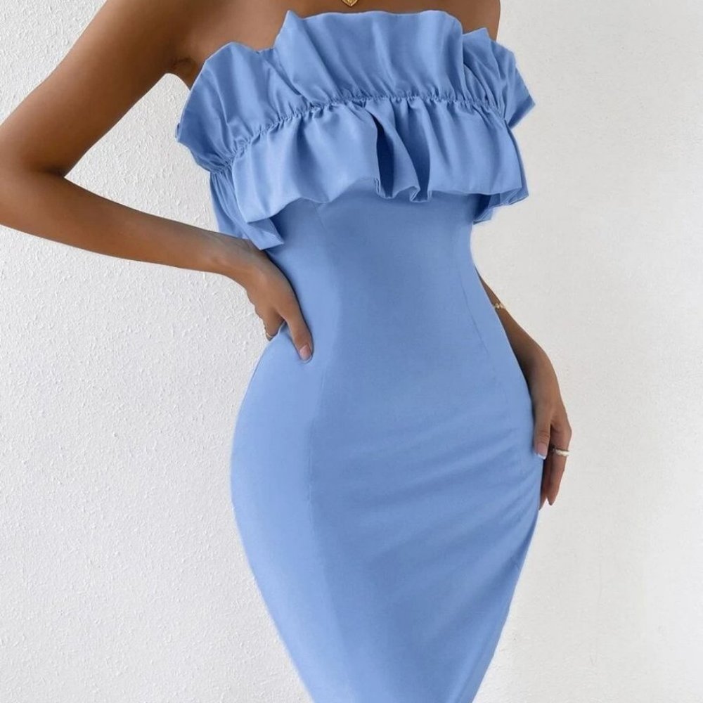 Blue Statement Ruffle Detail of the shoulder Bodycon Mini Dress - Picture 6 of 8
